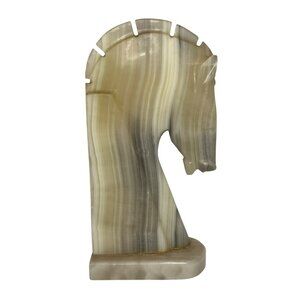VTG MC Modern Calcite Horse Head Statue – 1970s Stone Chess Knight Bookend 9.5"